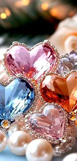 Colorful heart-shaped gemstone wallpaper with pearl accents.