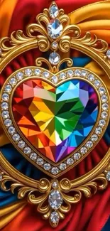 Colorful gemstone heart with ornate gold frame on rich fabric background.