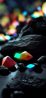 Colorful gemstones on wet dark rocks with vibrant lighting.