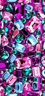 Colorful gemstone pattern wallpaper with pink, blue, and turquoise stones.