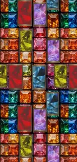 Vivid gemstone mosaic wallpaper with red, purple, and blue hues.