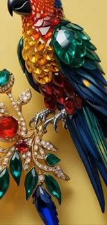 Colorful gemstone parrot artwork on a yellow background