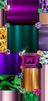 Colorful gemstone pattern wallpaper with vibrant purple and green hues.