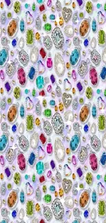 Mobile wallpaper with colorful gemstones and jewels on a white background.