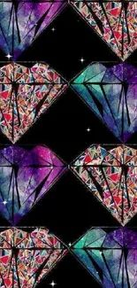 Vibrant geometric diamond pattern wallpaper with black background.