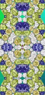 Colorful gemstone kaleidoscope wallpaper with green, blue, and yellow hues.