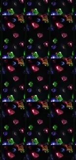 Colorful gemstones on a dark pattern background.