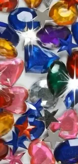 A vibrant collection of colorful gemstones and stars with a sparkling finish.