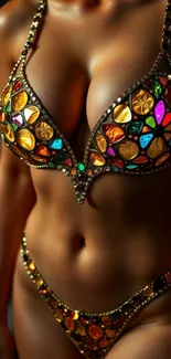 Artistic gemstone-inspired swimwear with colorful design.