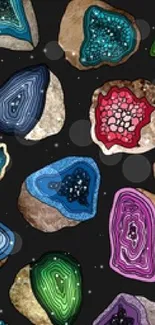 Mobile wallpaper of colorful geode stones on a black background.