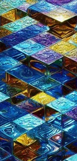 Colorful geometric 3D cubes wallpaper in blue, gold, and purple hues.