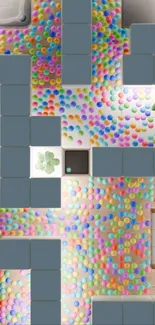 Vibrant geometric mobile wallpaper with colorful spheres and gray blocks