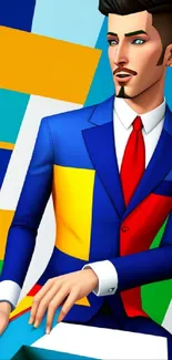 Man in geometric suit with vibrant art background.