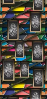 Colorful geometric art wallpaper with framed diamonds on a mobile screen.