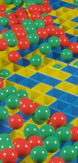 Colorful geometric wallpaper with red, green, and blue balls.