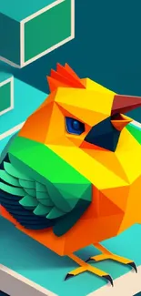 A vibrant geometric bird in colorful abstract art style on a teal background.