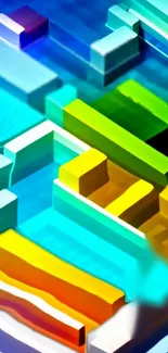 Colorful 3D geometric abstract wallpaper with blue, green, and yellow blocks.