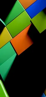 Colorful geometric blocks on black background.