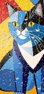 Vibrant geometric cat art wallpaper with colorful abstract design.