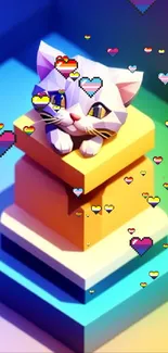 Playful geometric cat with vibrant colors on a stacked platform.