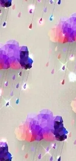 Geometric clouds with colorful raindrops in purple background.