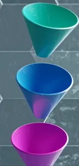 Colorful geometric cones on hexagonal background.
