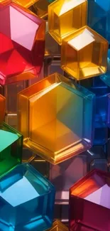 Colorful 3D crystal hexagons wallpaper design.