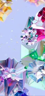 Vibrant 3D crystal shapes on blue background wallpaper.