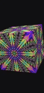 Colorful geometric cube with fractal pattern on black background.