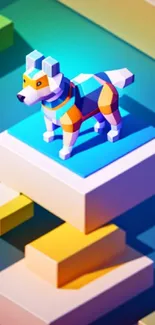 Abstract geometric dog on colorful 3D blocks background.