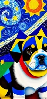 Vibrant geometric dog with abstract colorful background.