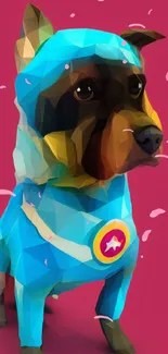 Colorful geometric dog in a spacesuit against a pink background.