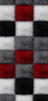 Geometric wallpaper with textured fur design in red, black, white, and gray.