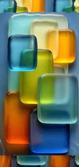 Vibrant geometric glass blocks on a wallpaper.