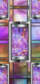 Geometric stained glass design with vibrant colors and metallic frames.
