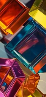 Colorful geometric glass shapes on wallpaper.