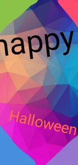 Colorful geometric wallpaper with 'Happy Halloween' text.