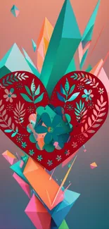 Colorful geometric heart wallpaper with dynamic 3D shapes.