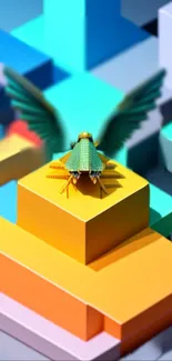 Colorful geometric wallpaper with an insect on a yellow platform.