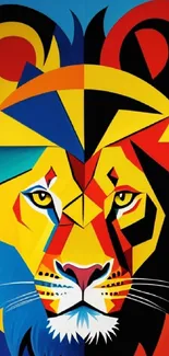 Geometric colorful lion art with bold abstract design suitable for mobile wallpaper.