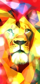 Colorful geometric lion artwork in vibrant shades of orange and red.