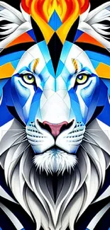 Bold geometric lion with vibrant colors on mobile wallpaper.