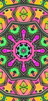 Colorful geometric mandala wallpaper with pink, green, and yellow patterns.