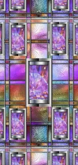 Colorful geometric mobile wallpaper with metallic frames and rectangles.