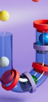 Colorful geometric design on a purple background with 3D spheres and rings.