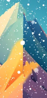 Colorful geometric mountains with blue and orange hues in snowfall.