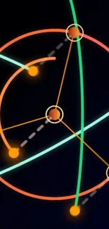 Colorful geometric neon lines and circles on a black background.