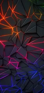 Colorful neon geometric pattern on dark background.