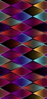 Colorful geometric diamond pattern wallpaper with vibrant hues.