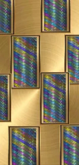 A colorful geometric pattern wallpaper with gold and striped designs.